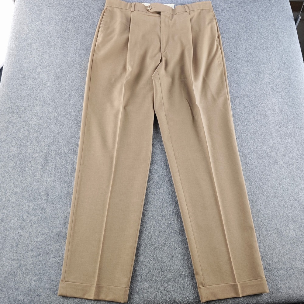 Oscar de la Renta Pleated Dress Pants Mens 36x34 Tan Wool Cuffed Trousers